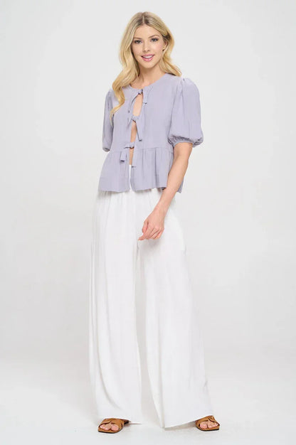 Linen Solid Puff Sleeve Top with Front Bow Detail - Modz Designs