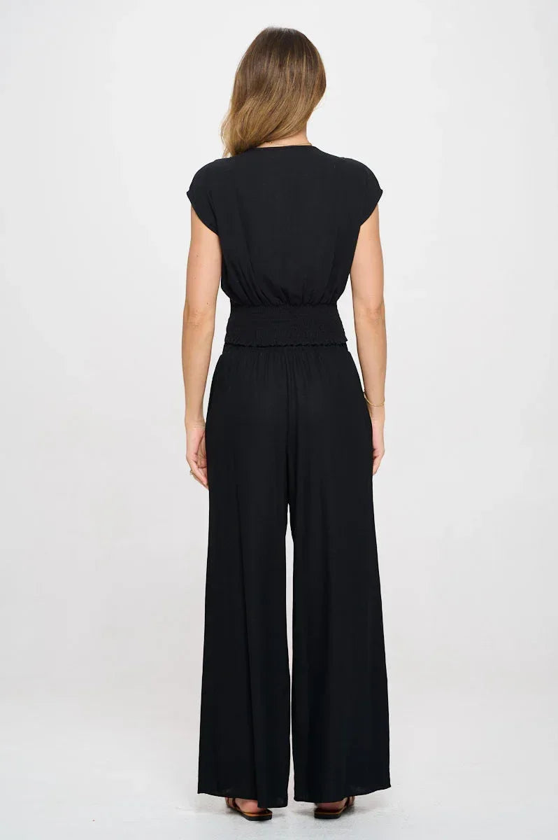 Solid Linen V neck Crop Top w Smock Back Detail - Modz Designs