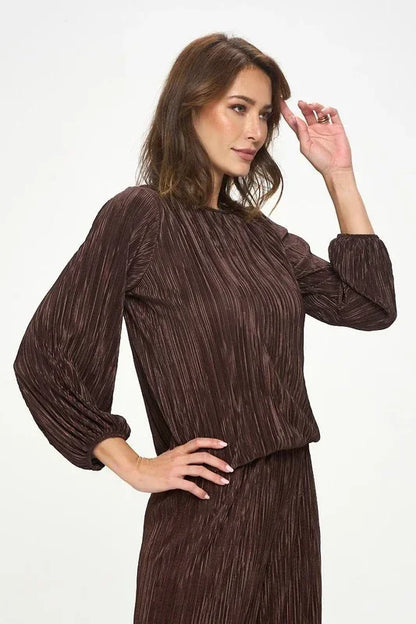 Plisse Solid Round neck Top with 3/4 Sleeve - Modz Designs