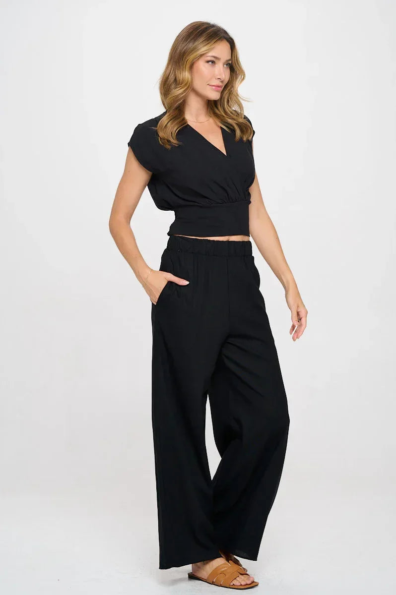 Solid Linen V neck Crop Top w Smock Back Detail - Modz Designs