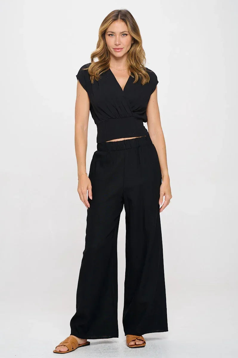 Solid Linen V neck Crop Top w Smock Back Detail - Modz Designs