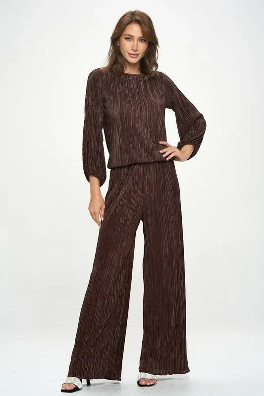 Plisse Solid Round neck Top with 3/4 Sleeve - Modz Designs