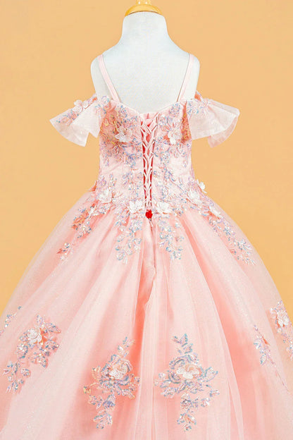 3D Flower Applique Sequins Embroidery Lace-Up Back Corset V-Neck Cold Shoulder Kids Dress back view with floral details