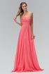 Strapless Floor Length Chiffon Dress with Sequin Detailing in coral color on a model.