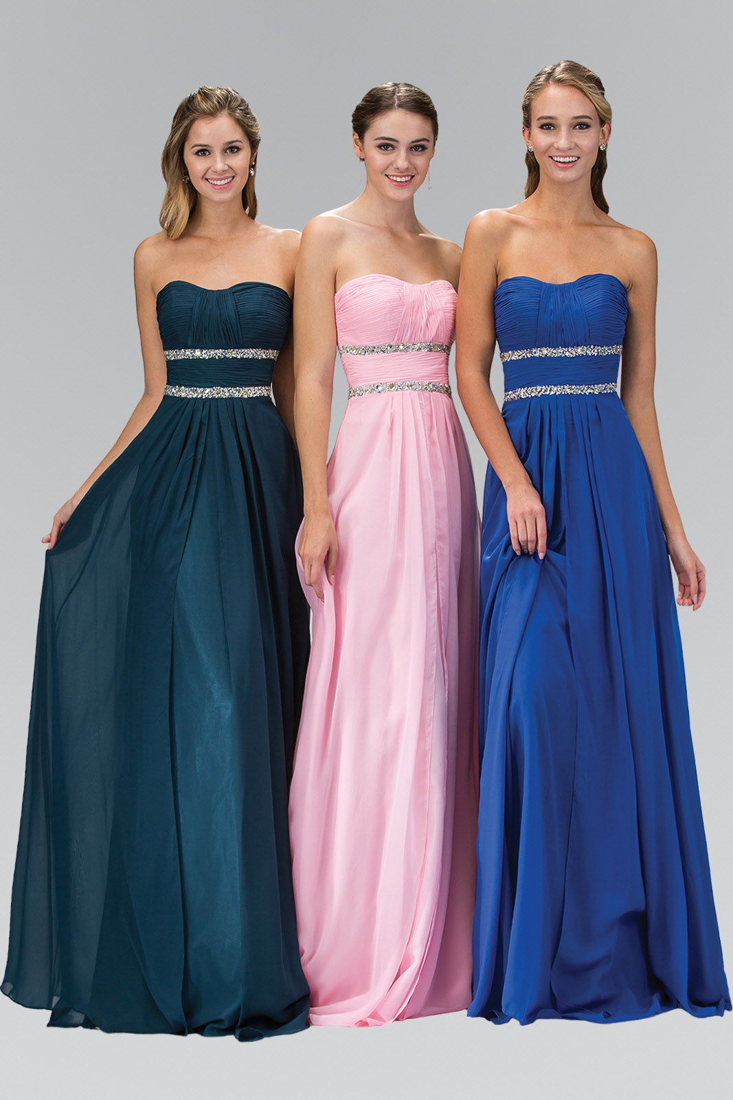 Strapless Floor Length Chiffon Dress with Sequin Detailing in jewel tones on models.