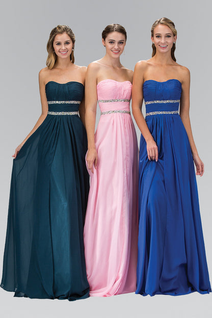 Strapless Floor Length Chiffon Dress with Sequin Detailing in jewel tones on models.