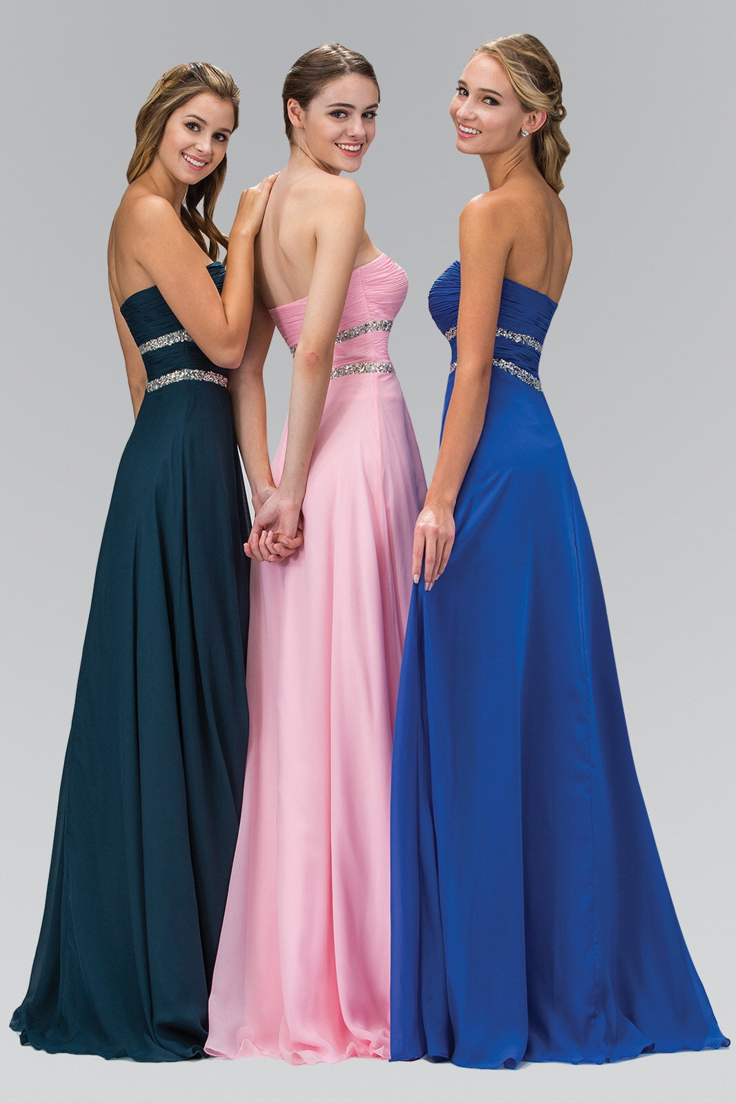 Strapless Floor Length Chiffon Dress with Sequin Detailing in jewel tones worn by models.