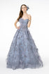 Feather Embellished Embroidered Sweetheart Mesh/Lace Long Dress in light blue with delicate embroidery and feather details.