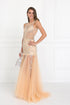 Beaded Floor Length Dress with Sheer Bodice and Open Back showcased in peach color, featuring elegant bead embellishments.