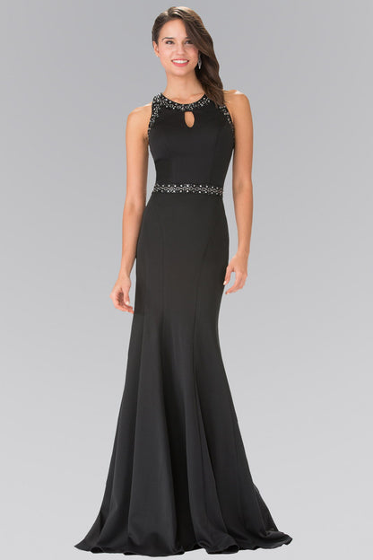beaded long evening dress featuring a mermaid silhouette and sheer back, perfect for prom or special occasions.