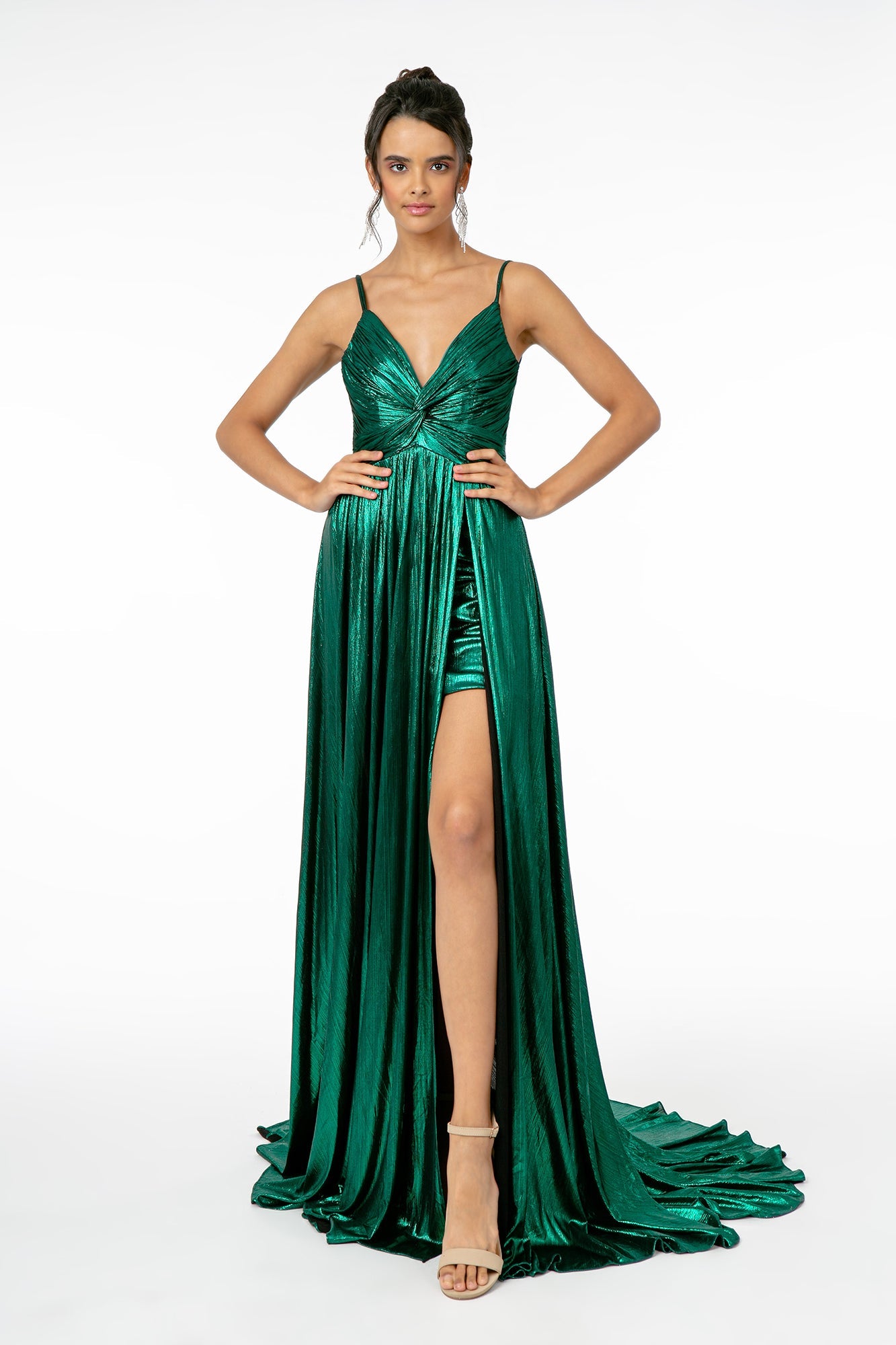 Pleated Bodice Metallic Lame Long Dress w/ Leg Slit in green with a ruched bodice and open back.
