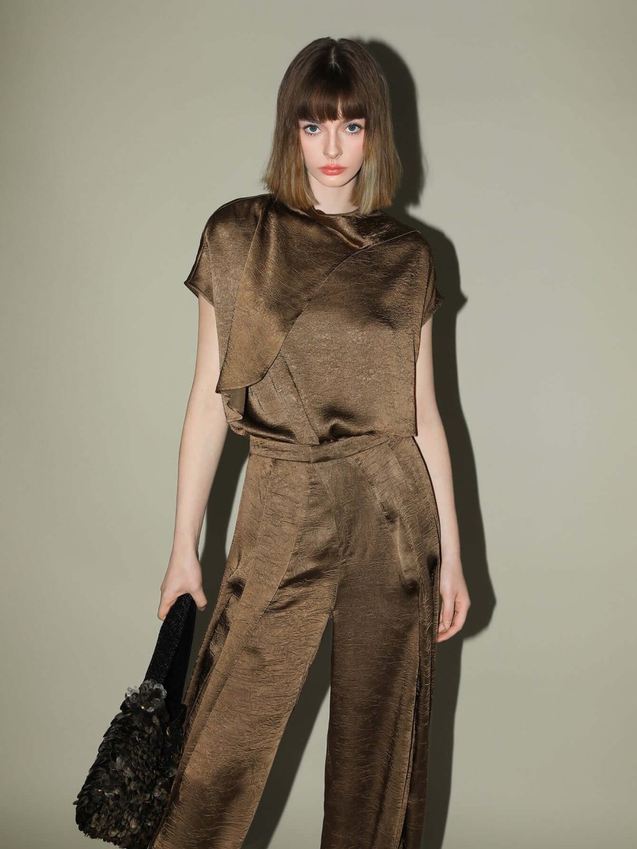 Luxurious Brown Satin High Waist Pleated Pants