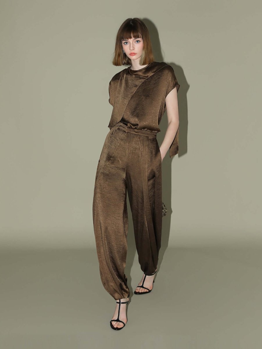 Luxurious Brown Satin High Waist Pleated Pants