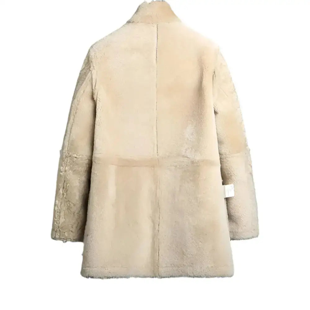 Mens Shearling Winter Long Coat - back view showcasing soft sheepskin material and stylish design.