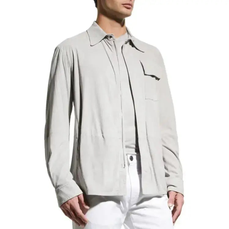 Mens White Suede Leather Shirt