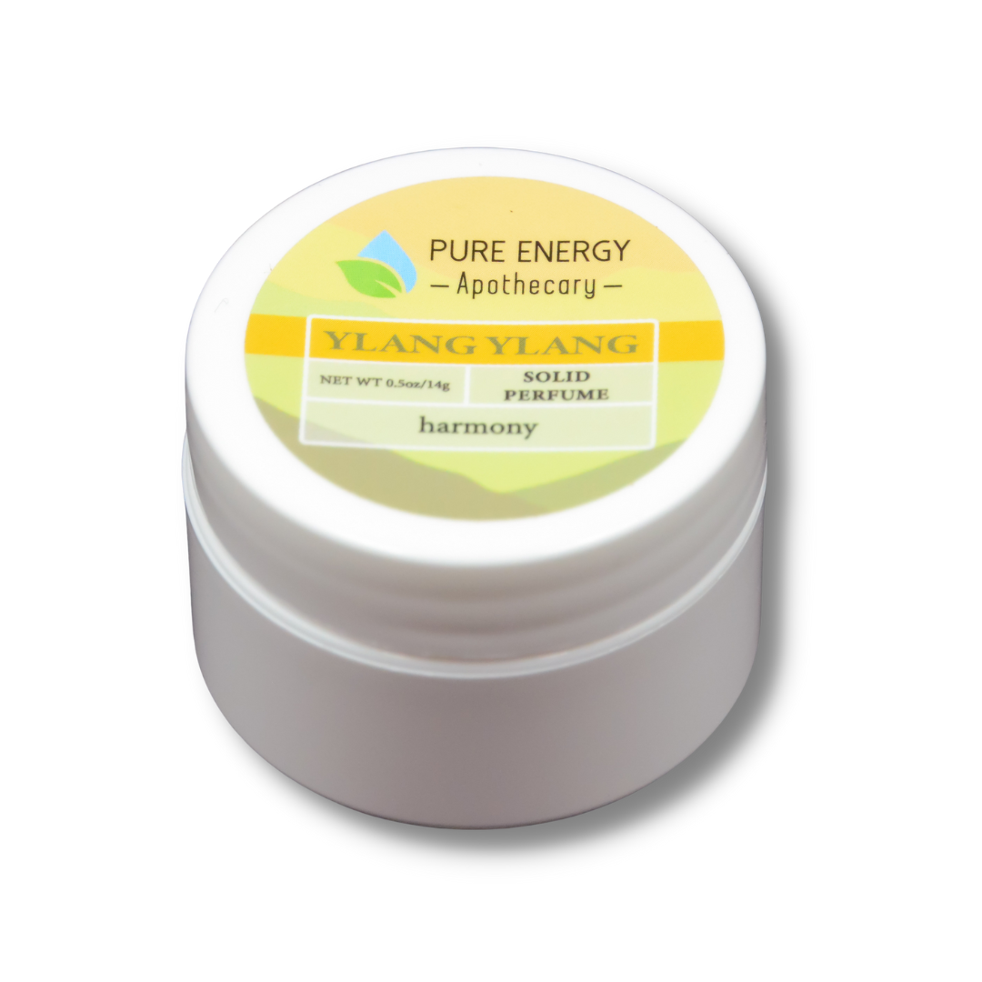 Solid Perfume .50oz - Ylang Ylang in a white container, featuring a floral scent and aromatherapy properties.
