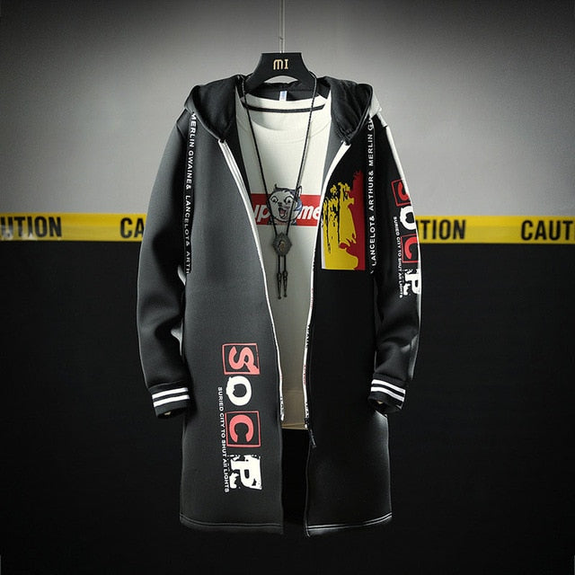 The North Fashion Long Coat Autumn Zipper Windproof Slim Windbreaker Mens Large Size Hip Hop Jackets Clothes Face