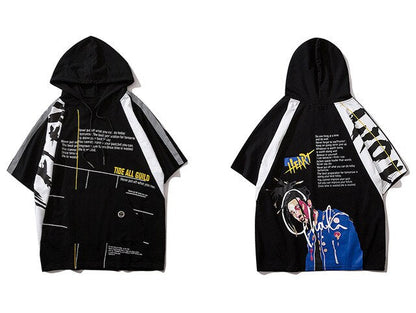 Hip Hop Cool Boy Letter Print Mens T Shirt Harajuku Fashion Streetwear Hooded Tops Tees Cotton Short Sleeve in black