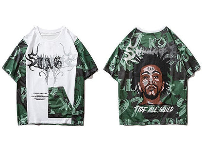 Hip Hop Color Block Character Print Mens T Shirt Harajuku Streetwear Tops Fashion Casual Cotton Short Sleeve