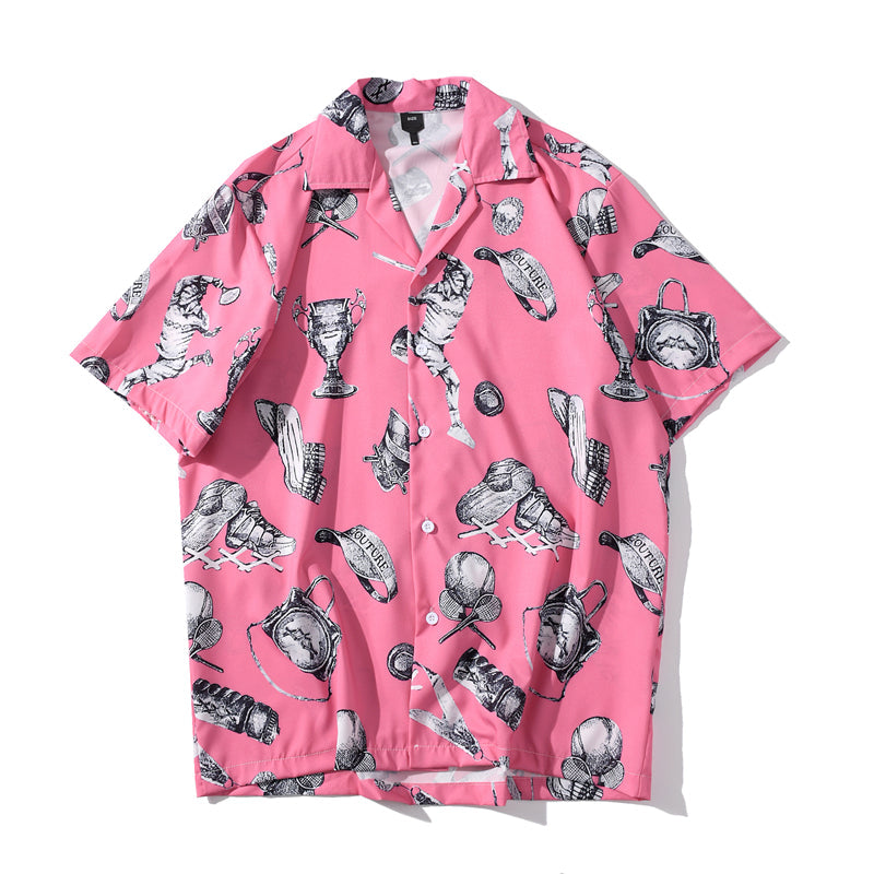 Summer Tennis Print Pink Beach Hawaiian Aloha Shirts Mens Casual Short Sleeve Shirt Male Fashion Shirts Tops