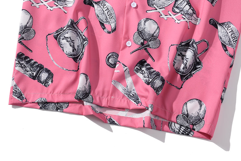 Summer Tennis Print Pink Beach Hawaiian Aloha Shirts Mens Casual Short Sleeve Shirt Male Fashion Shirts Tops close-up view.