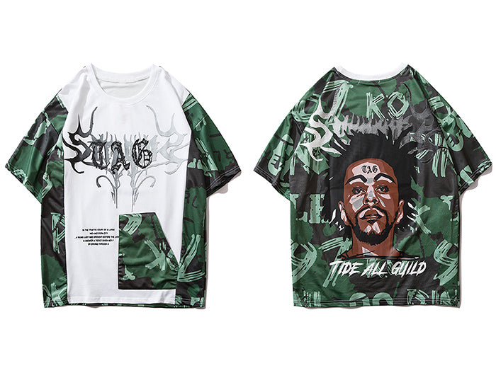 Hip Hop Color Block Character Print Mens T Shirt Harajuku Streetwear Tops Fashion Casual Cotton Short Sleeve
