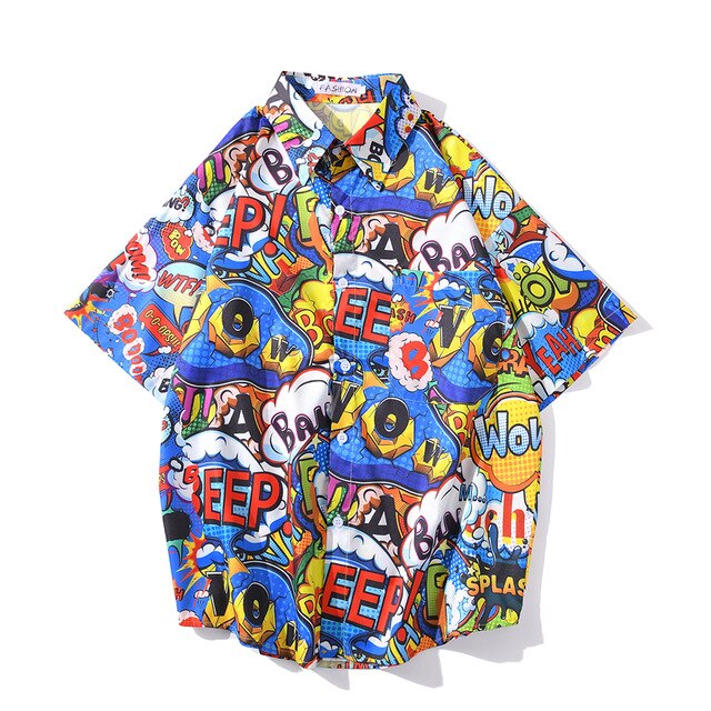 Summer Street Graffiti Blue Shirt Male Fashion Beach Holiday Shirt Hip Hop Casual Mens Short Sleeve Hawaiian Shirts