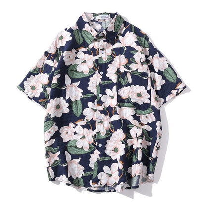 Summer Hip Hop Tops Korean Full Flowers Print Yellow Shirt Fashion Holiday Casual Mens Short Sleeve Hawaiian Shirts