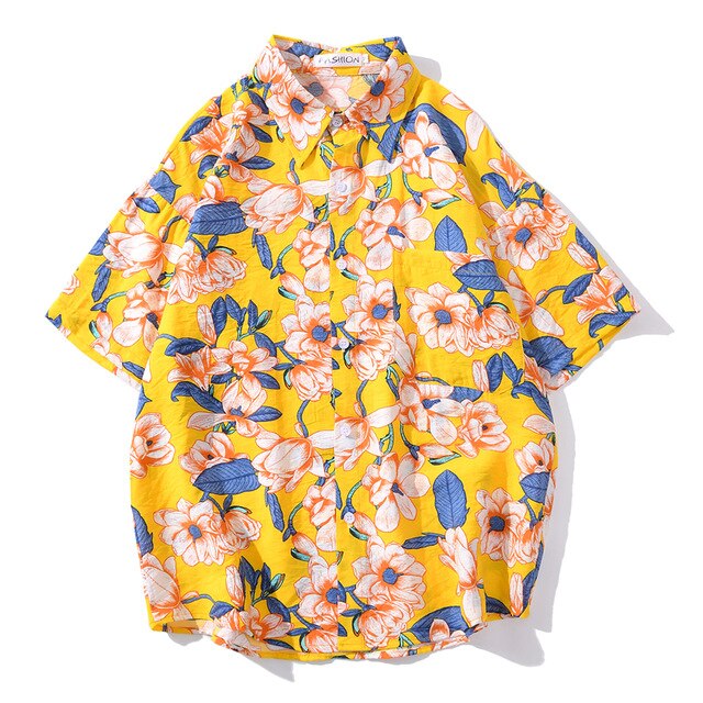 Summer Hip Hop Tops Korean Full Flowers Print Yellow Shirt Fashion Holiday Casual Mens Short Sleeve Hawaiian Shirts