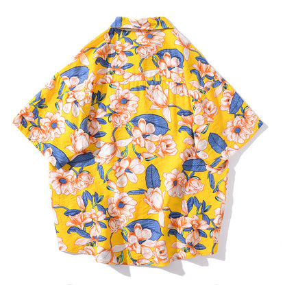 Summer Hip Hop Tops Korean Full Flowers Print Yellow Shirt Fashion Holiday Casual Mens Short Sleeve Hawaiian Shirts