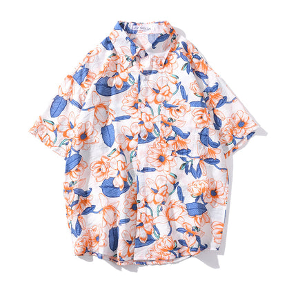 Summer Hip Hop Tops Korean Full Flowers Print Yellow Shirt Fashion Holiday Casual Mens Short Sleeve Hawaiian Shirts