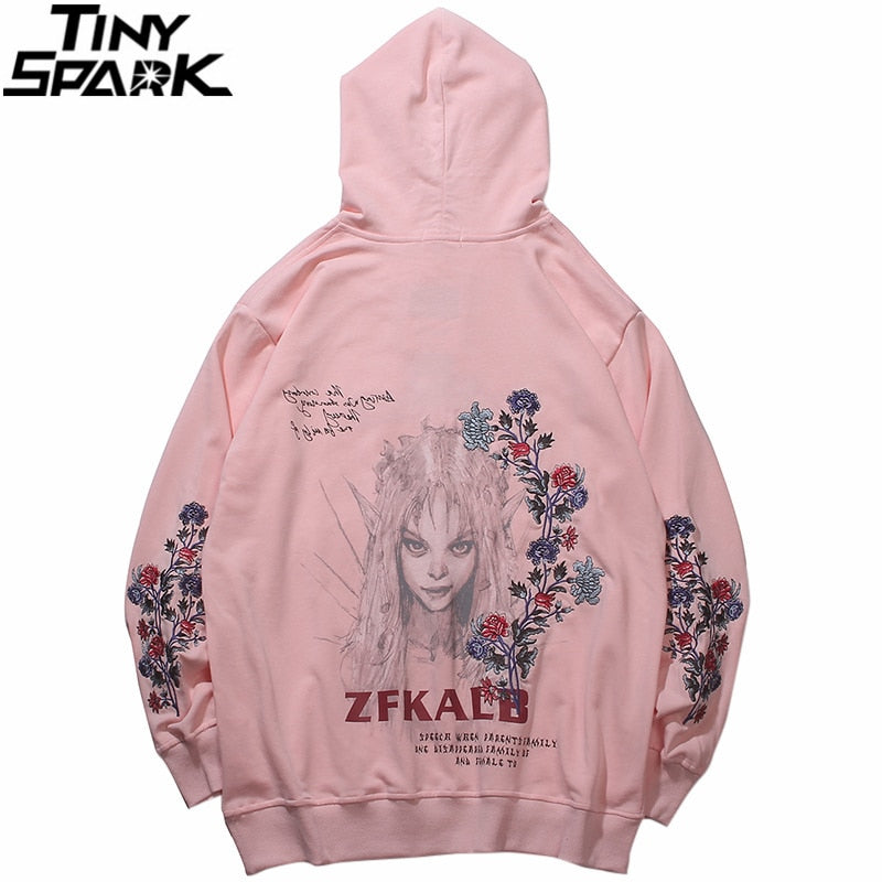 Mens Hip Hop Streetwear Hoodie Embroidery Flower Freaky Printed Sweatshirt Cotton Loose Floral Tops Fashion Hooded Pullover