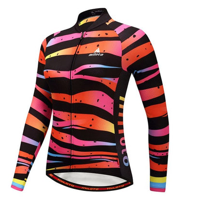 Women Long Sleeve Thermal Fleece Cycling Clothing in colorful design, perfect for cycling in various seasons.