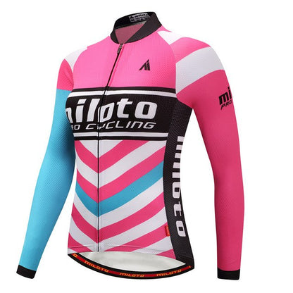 Women Long Sleeve Thermal Fleece Cycling Clothing in vibrant pink and blue design, perfect for cycling.