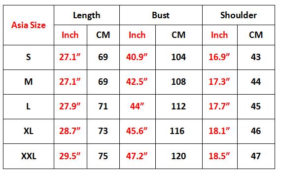 Size chart for New Fashion Punk Red Flower 3D Sweatshirts Women Men showing Asia sizes in inches and CM.