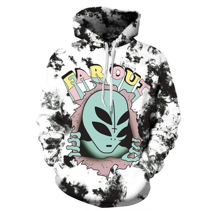 New Fashion Women Men Crying Alien 3D Printed Sweatshirts featuring a colorful alien design on a black and white background.