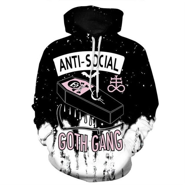 New Fashion Women Men Crying Alien 3D Printed Sweatshirts featuring Anti-Social Goth Gang design in black and pink.