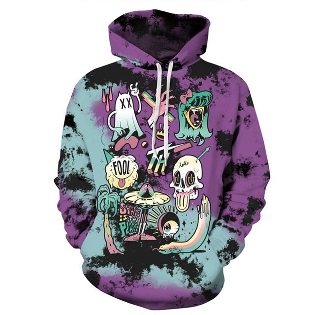 New Fashion Women Men Crying Alien 3D Printed Sweatshirts featuring a vibrant alien and skull design in purple and teal.