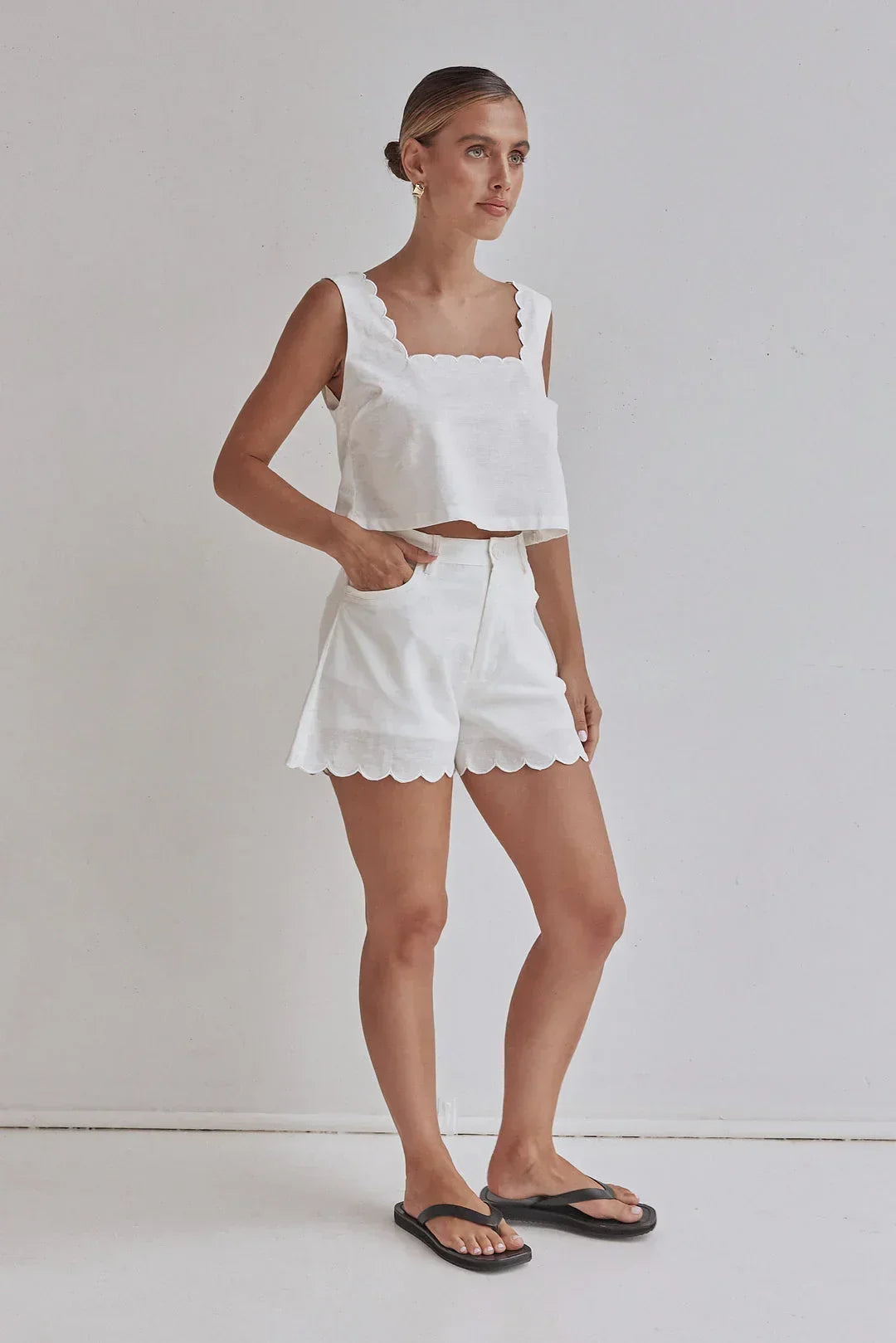 White Linen Crop Top with Scalloped Hem – Minimal &amp; Elegant - Modz Designs