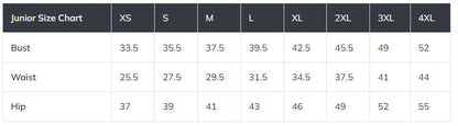 Junior size chart displaying measurements for bust, waist, and hip across sizes XS to 4XL.